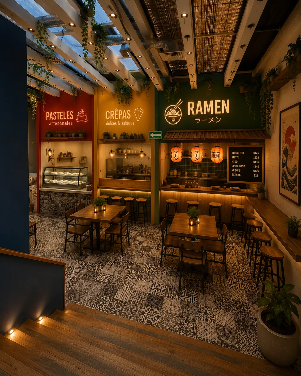 Comedor con locales de comida alrededor y luces colgantes