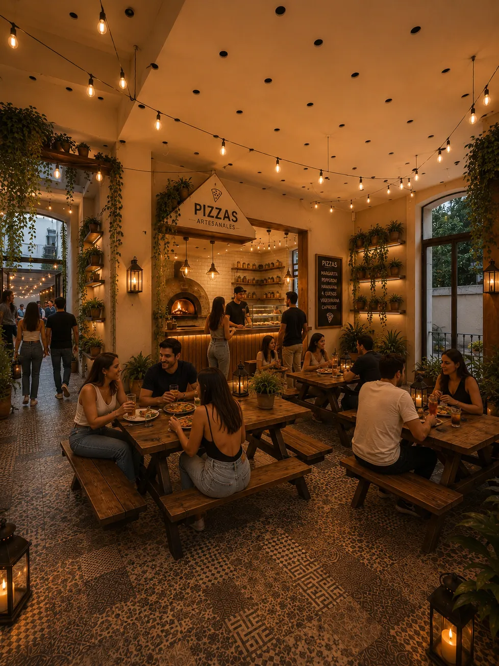 Comensales en mesas de madera bajo luces cálidas